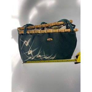 Hand painted Purse Bamboo Handles Made In Japan GREEN Medium Sz VTG